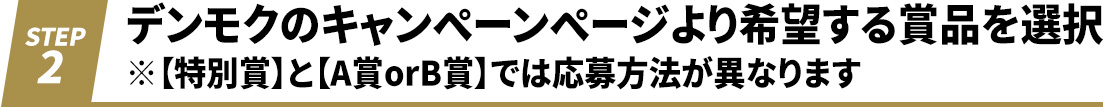 デンモクのキャンペーンページより希望する賞品を選択 ※【特別賞】と【A賞orB賞】では応募方法が異なります